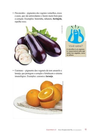 Cozinheiro 2
• Flavonoides – pigmentos dos vegetais vermelhos, roxos
e azuis, que são antioxidantes e fazem muito bem para
o coração. Exemplos: beterraba, rabanete, berinjela,
repolho roxo.
Você sabia?
A clorofila é um pigmen-
to responsável pela cor
verde nos vegetais, como
no alface.
• Caroteno – pigmento dos vegetais de tom amarelo e
laranja, que protegem o coração e fortalecem o sistema
imunológico. Exemplos: cenoura e laranja.
Arco Ocupacional G a s t r o n o m i a 13
©ValentynVolkov/123RF
©Westend61RF/ChristianKargl/Diomedia
 