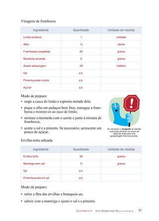 Cozinheiro 2
Vinagrete de framboesa
Modo de preparo:
• raspe a casca do limão e esprema metade dele;
• pique o alho em pedaços bem fnos, esmague a fram-
• misture a mostarda com o azeite e junte à mistura de
• acerte o sal e a pimenta. Se necessário, acrescente um Ao introduzir o vinagrete no salmão
você pode polvilhar um pouco de
raspa de limão para uma
apresentação final mais bonita.
Ervilha-torta salteada
Modo de preparo:
• retire a fbra das ervilhas e branqueie-as;
• salteie com a manteiga e ajuste o sal e a pimenta.
Arco Ocupacional G a s t r o n o m i a
boesa e misture-os ao suco de limão;
framboesa;
pouco de açúcar.
91
Ingrediente Quantidade Unidade de medida
Limão-siciliano 1 unidade
Alho ½ dente
Framboesa congelada 40 grama
Mostarda amarela 5 grama
Azeite extravirgem 20 mililitro
Sal q.b.
Pimenta-preta moída q.b.
Açúcar q.b.
Ingrediente Quantidade Unidade de medida
Ervilha-torta 50 grama
Manteiga sem sal 5 grama
Sal q.b.
Pimenta-preta em pó q.b.
 