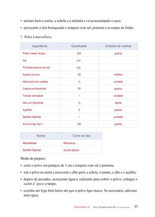Cozinheiro 2
• misture bem o azeite, a cebola e a salsinha e vá acrescentando o suco;
• acrescente a lula branqueada e tempere com sal, pimenta e as raspas de limão.
7. Polvo à marseillaise
Modo de preparo:
• corte o polvo em pedaços de 3 cm e tempere com sal e pimenta;
• sele o polvo no azeite e acrescente o alho-poró, a cebola, o tomate, o alho e o açafrão;
• depois de puxados, acrescente água o sufciente para cobrir o polvo, coloque o
sachet d’ épices e tampe;
• cozinhe em fogo bem baixo até que o polvo fque macio. Se necessário, adicione
mais água;
Arco Ocupacional G a s t r o n o m i a 97
Ingrediente Quantidade Unidade de medida
Polvo inteiro limpo 250 grama
Sal q.b.
Pimenta-branca em pó q.b.
Azeite comum 30 mililitro
Alho-poró em rodelas ½ unidade
Cebola em brunoise 70 grama
Tomate concassé 1 unidade
Alho em brunoise ½ dente
Açafrão 5 grama
Sachet d’épices 1 unidade
Arroz longo tipo 1 100 grama
Nome Como se fala
Marseillaise Marseiéze
Sachet d’épices Sachê dêpice
 