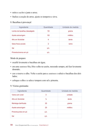 • retire o sachet e junte o arroz;
• fnalize a cocção do arroz, ajuste os temperos e sirva.
8. Bacalhau à provençal
Modo de preparo:
• escalfe levemente o bacalhau em água;
• em uma sauteuse fria, frite o alho no azeite, mexendo sempre, até fcar levemente
dourado;
• coe e reserve o alho. Volte o azeite para a sauteuse e salteie o bacalhau dos dois
lados;
• coloque o alho e a salsa e tempere com sal e pimenta.
9. Vieiras gratinadas
Arco Ocupacional G a s t r o n o m i a Cozinheiro 298
Ingrediente Quantidade Unidade de medida
Lombo de bacalhau dessalgado 150 grama
Azeite extravirgem 100 mililitro
Alho em brunoise 4 dente
Salsa fresca picada 2 ramo
Sal q.b.
Pimenta-branca em pó q.b.
Ingrediente Quantidade Unidade de medida
Vieira com coral 3 unidade
Alho em brunoise ½ dente
Manteiga clarificada 20 grama
Azeite extravirgem 20 mililitro
Pimenta-preta em pó q.b.
Sal q.b.
 