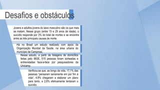 Desafios e obstáculos
Jovens e adultos jovens do sexo masculino são os que mais
se matam. Nesse grupo (entre 15 e 29 anos de idade), o
suicídio responde por 3% do total de mortes e se encontra
entre as três principais causas de morte.
Há no Brasil um estudo realizado com apoio da
Organização Mundial da Saúde, na área urbana do
município de Campinas.
Nesse estudo, a partir de listagens de domicílios
feitas pelo IBGE, 515 pessoas foram sorteadas e
entrevistadas face-a-face por pesquisadores da
Unicamp.
Verificou-se que, ao longo da vida, 17,1% das
pessoas “pensaram seriamente em por fim à
vida”, 4.8% chegaram a elaborar um plano
para tanto, e 2,8% efetivamente tentaram o
suicídio.
 