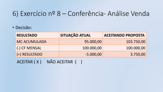 6) Exercício nº 8 – Conferência- Análise Venda
• Decisão:
ACEITAR ( X ) NÃO ACEITAR ( )
RESULTADO SITUAÇÃO ATUAL ACEITANDO PROPOSTA
MC ACUMULADA 95.000,00 103.750,00
(-) CF MENSAL 100.000,00 100.000,00
(=) RESULTADO -5.000,00 3.750,00
 