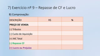 7) Exercício nº 9 – Repasse de CF e Lucro
B) Comprovação:
DESCRIÇÃO R$ %
PREÇO DE VENDA
(-) Tributos
(-) Custo de Aquisição
(=) MC Total
(-) Repasse CF
(=) Lucro ou Prejuízo
 
