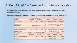 2) Exercício nº 2 – Custo de Aquisição Mercadorias
• Determine o valor do custo de aquisição das compras de mercadorias para
revenda abaixo:
• Considerar que sua empresa (compradora) é tributada pelo Lucro Presumido.
Fornecedor : Bolsas Fashion Ltda ICMS
Produto Quantidade Vlr.Unitário Vlr.Total Alíquota Valor
Bolsas Femininas 250 R$ 50,00 R$ 12.500,00 12,00% R$ 1.500,00
Frete da Compra R$ 1.250,00 12,00% R$ 150,00
Fornecedor : Sapatos Dávila Ltda ICMS
Produto Quantidade Vlr.Unitário Vlr.Total Alíquota Valor
Sapatos Social Masculino 125 R$ 40,00 R$ 5.000,00 17,00% R$ 850,00
Frete da Compra R$ 500,00 17,00% R$ 85,00
Fornecedor : Moda Jovem Confecções Ltda-ME ICMS
Produto Quantidade Vlr.Unitário Vlr.Total Alíquota Valor
Blusas femininas em malha 120 R$ 25,00 R$ 3.000,00 2,65% R$ 79,50
Frete da Compra R$ 250,00 17,00% R$ 42,50
 
