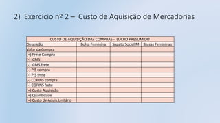 2) Exercício nº 2 – Custo de Aquisição de Mercadorias
CUSTO DE AQUISIÇÃO DAS COMPRAS - LUCRO PRESUMIDO
Descrição Bolsa Feminina Sapato Social M Blusas Femininas
Valor da Compra
(+) Frete Compra
(-) ICMS
(-) ICMS frete
(-) PIS compra
(-) PIS frete
(-) COFINS compra
(-) COFINS frete
(=) Custo Aquisição
(÷) Quantidade
(=) Custo de Aquis.Unitário
 