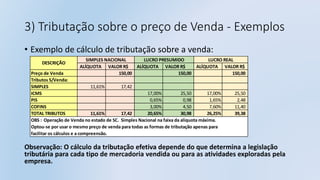 3) Tributação sobre o preço de Venda - Exemplos
• Exemplo de cálculo de tributação sobre a venda:
Observação: O cálculo da tributação efetiva depende do que determina a legislação
tributária para cada tipo de mercadoria vendida ou para as atividades exploradas pela
empresa.
ALÍQUOTA VALOR R$ ALÍQUOTA VALOR R$ ALÍQUOTA VALOR R$
Preço de Venda 150,00 150,00 150,00
Tributos S/Venda:
SIMPLES 11,61% 17,42
ICMS 17,00% 25,50 17,00% 25,50
PIS 0,65% 0,98 1,65% 2,48
COFINS 3,00% 4,50 7,60% 11,40
TOTAL TRIBUTOS 11,61% 17,42 20,65% 30,98 26,25% 39,38
OBS : Operação de Venda no estado de SC. Simples Nacional na faixa da alíquota máxima.
Optou-se por usar o mesmo preço de venda para todas as formas de tributação apenas para
facilitar os cálculos e a compreensão.
SIMPLES NACIONAL LUCRO PRESUMIDO LUCRO REAL
DESCRIÇÃO
 
