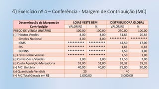 4) Exercício nº 4 – Conferência - Margem de Contribuição (MC)
Determinação da Margem de
Contribuição
LOJAS VESTE BEM DISTRIBUIDORA GLOBAL
VALOR R$ % VALOR R$ %
PREÇO DE VENDA UNITÁRIO 100,00 100,00 250,00 100,00
(-) Tributos Vendas 4,00 4,00 51,63 20,65
Simples Nacional 4,00 4,00 ********** **********
ICMS ********** ********** 42,50 17,00
PIS ********** ********** 1,63 0,65
COFINS ********** ********** 7,50 3,00
(-) Fretes sobre Vendas ********** ********** 7,50 3,00
(-) Comissões s/Vendas 3,00 3,00 17,50 7,00
(-) Custo Aquisição Mercadoria 53,00 53,00 98,37 39,35
(=) MC Unitária 40,00 40,00 75,00 30,00
(x) Quantidade Vendida 25 40
(=) MC Total Gerada em R$ 1.000,00 3.000,00
 