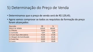 5) Determinação do Preço de Venda
• Determinamos que o preço de venda será de R$ 129,45;
• Agora vamos comprovar se todos os requisitos da formação do preço
foram alcançados:
Descrição R$ %
PREÇO DE VENDA 129,45 100,00
(-) Tributos 15,03 11,61
(-) Comissão 6,47 5,00
(-) Custo Aquis.Mercadoria 75,00 57,94
(=) Margem de Contribuição 32,95 25,45
(-) Custo Fixo 20,00 15,45
(=) Lucro 12,95 10,00
 