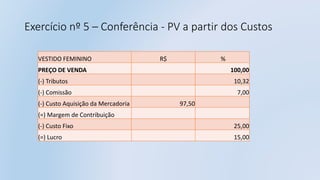 Exercício nº 5 – Conferência - PV a partir dos Custos
VESTIDO FEMININO R$ %
PREÇO DE VENDA 100,00
(-) Tributos 10,32
(-) Comissão 7,00
(-) Custo Aquisição da Mercadoria 97,50
(=) Margem de Contribuição
(-) Custo Fixo 25,00
(=) Lucro 15,00
 