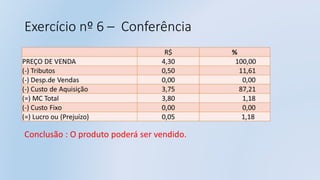 Exercício nº 6 – Conferência
Conclusão : O produto poderá ser vendido.
 