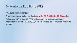 6) Ponto de Equilíbrio (PE)
• Cálculo do PE Financeiro:
A partir da informações conhecidas MC = R$ 7.600,00 = CF Ajustado;
E de que a MC % é de 40,00%, e de que o custo de aquisição das
Mercadorias é de R$ 12.500,00, o PE Financeiro da Farmácia Boa Saúde
será de:
 