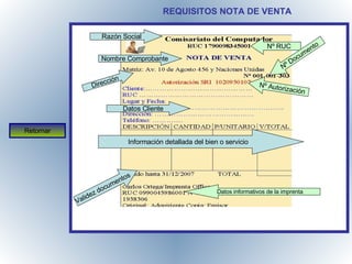 REQUISITOS NOTA DE VENTA Retornar Razón Social Nombre Comprobante Nº RUC Nº Documento Nº Autorización Datos Cliente Dirección Información detallada del bien o servicio Validez documentos Datos informativos de la imprenta  