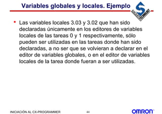 INICIACIÓN AL CX-PROGRAMMER 44
Variables globales y locales. Ejemplo
• Las variables locales 3.03 y 3.02 que han sido
declaradas únicamente en los editores de variables
locales de las tareas 0 y 1 respectivamente, sólo
pueden ser utilizadas en las tareas donde han sido
declaradas, a no ser que se volvieran a declarar en el
editor de variables globales, o en el editor de variables
locales de la tarea donde fueran a ser utilizadas.
 