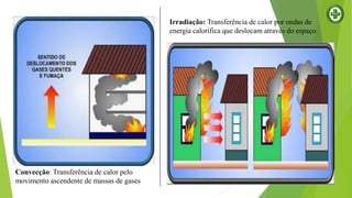 Convecção: Transferência de calor pelo
movimento ascendente de massas de gases
Irradiação: Transferência de calor por ondas de
energia calorífica que deslocam através do espaço.
 