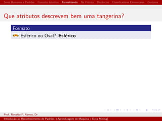 cadores Elementares Contatos 
Conceito Intuitivo - Novo Grupo 
(c) Laranjas (d) Mac~as (e) Tangerinas 
A qual delas pertence o objeto abaixo? 
Prof. Ronaldo F. Ramos, Dr 
Introduc~ao ao Reconhecimento de Padr~oes (Aprendizagem de Maquina / Data Mining) 
 