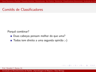 Seres Humanos e Padr˜oes Conceito Intuitivo Formalizando Na Pr´atica Distˆancias Classiﬁcadores Elementares Avalia¸c˜ao de Clas
Comitˆes de Classiﬁcadores
Porquˆe combinar?
Duas cabe¸cas pensam melhor do que uma?
Todos tem direito a uma segunda opini˜ao ;-)
Prof. Ronaldo F. Ramos, Dr
Introdu¸c˜ao ao Reconhecimento de Padr˜oes (Aprendizagem de M´aquina / Data Mining)
 