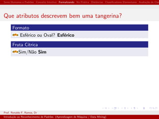Seres Humanos e Padr˜oes Conceito Intuitivo Formalizando Na Pr´atica Distˆancias Classiﬁcadores Elementares Avalia¸c˜ao de Clas
Que atributos descrevem bem uma tangerina?
Formato
Esf´erico ou Oval? Esf´erico
Fruta C´ıtrica
Sim/N˜ao Sim
Prof. Ronaldo F. Ramos, Dr
Introdu¸c˜ao ao Reconhecimento de Padr˜oes (Aprendizagem de M´aquina / Data Mining)
 