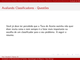 Seres Humanos e Padr˜oes Conceito Intuitivo Formalizando Na Pr´atica Distˆancias Classiﬁcadores Elementares Avalia¸c˜ao de Clas
Avaliando Classiﬁcadores - Quest˜oes
Vocˆe j´a deve ter percebido que a Taxa de Acerto sozinha n˜ao quer
dizer muita coisa e nem sempre ´e o fator mais importante na
escolha de um classiﬁcador para o seu problema. A seguir o
resumo.
Prof. Ronaldo F. Ramos, Dr
Introdu¸c˜ao ao Reconhecimento de Padr˜oes (Aprendizagem de M´aquina / Data Mining)
 