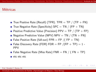 Seres Humanos e Padr˜oes Conceito Intuitivo Formalizando Na Pr´atica Distˆancias Classiﬁcadores Elementares Avalia¸c˜ao de Clas
M´etricas
True Positive Rate (Recall) (TPR). TPR = TP / (TP + FN)
True Negative Rate (Speciﬁcity) SPC = TN / (FP + TN)
Positive Predictive Value (Precision) PPV = TP / (TP + FP)
Negative Predictive Value (NPV) NPV = TN / (TN + FN)
False Positive Rate (fall-out) FPR = FP /( FP + TN)
False Discovery Rate (FDR) FDR = FP /(FP + TP) = 1 -
PPV
False Negative Rate (Miss Rate) FNR = FN / ( FN + TP)
etc etc etc
Prof. Ronaldo F. Ramos, Dr
Introdu¸c˜ao ao Reconhecimento de Padr˜oes (Aprendizagem de M´aquina / Data Mining)
 