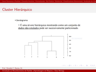 Seres Humanos e Padr˜oes Conceito Intuitivo Formalizando Na Pr´atica Distˆancias Classiﬁcadores Elementares Avalia¸c˜ao de Clas
Cluster Hier´arquico
Prof. Ronaldo F. Ramos, Dr
Introdu¸c˜ao ao Reconhecimento de Padr˜oes (Aprendizagem de M´aquina / Data Mining)
 