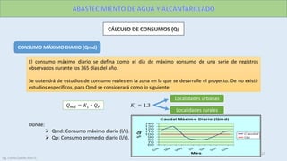 CONSUMO MÁXIMO DIARIO (Qmd)
El consumo máximo diario se defina como el día de máximo consumo de una serie de registros
observados durante los 365 días del año.
Se obtendrá de estudios de consumo reales en la zona en la que se desarrolle el proyecto. De no existir
estudios específicos, para Qmd se considerará como lo siguiente:
Donde:
 Qmd: Consumo máximo diario (l/s).
 Qp: Consumo promedio diario (l/s).
𝑄 𝑚𝑑 = 𝐾1 ∗ 𝑄 𝑃 𝐾1 = 1.3
Localidades urbanas
Localidades rurales
27
Ing. Colala Castillo Jhon D.
 
