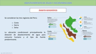 Se consideran las tres regiones del Perú:
o Costa
o Sierra
o Selva
La ubicación condicionará principalmente la
dotación de abastecimiento de agua para
consumo humano y el tipo de fuente
predominante.
5
Ing. Colala Castillo Jhon D.
 