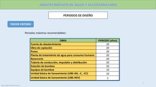 TERCER CRITERIO
Periodos máximos recomendables:
PERIODO (años)
20
20
20
20
20
20
20
10
10
5Unidad básica de Saneamiento (UBS-HSV)
Planta de tratamiento de agua para consumo humano
Reservorio
Tubería de conducción, impulsión y distribución
Estación de bombeo
Equipos de bombeo
Unidad básica de Saneamiento (UBS-AH, -C, -CC)
OBRA
Fuente de abastecimiento
Obra de captación
Pozos
7
Ing. Colala Castillo Jhon D.
 