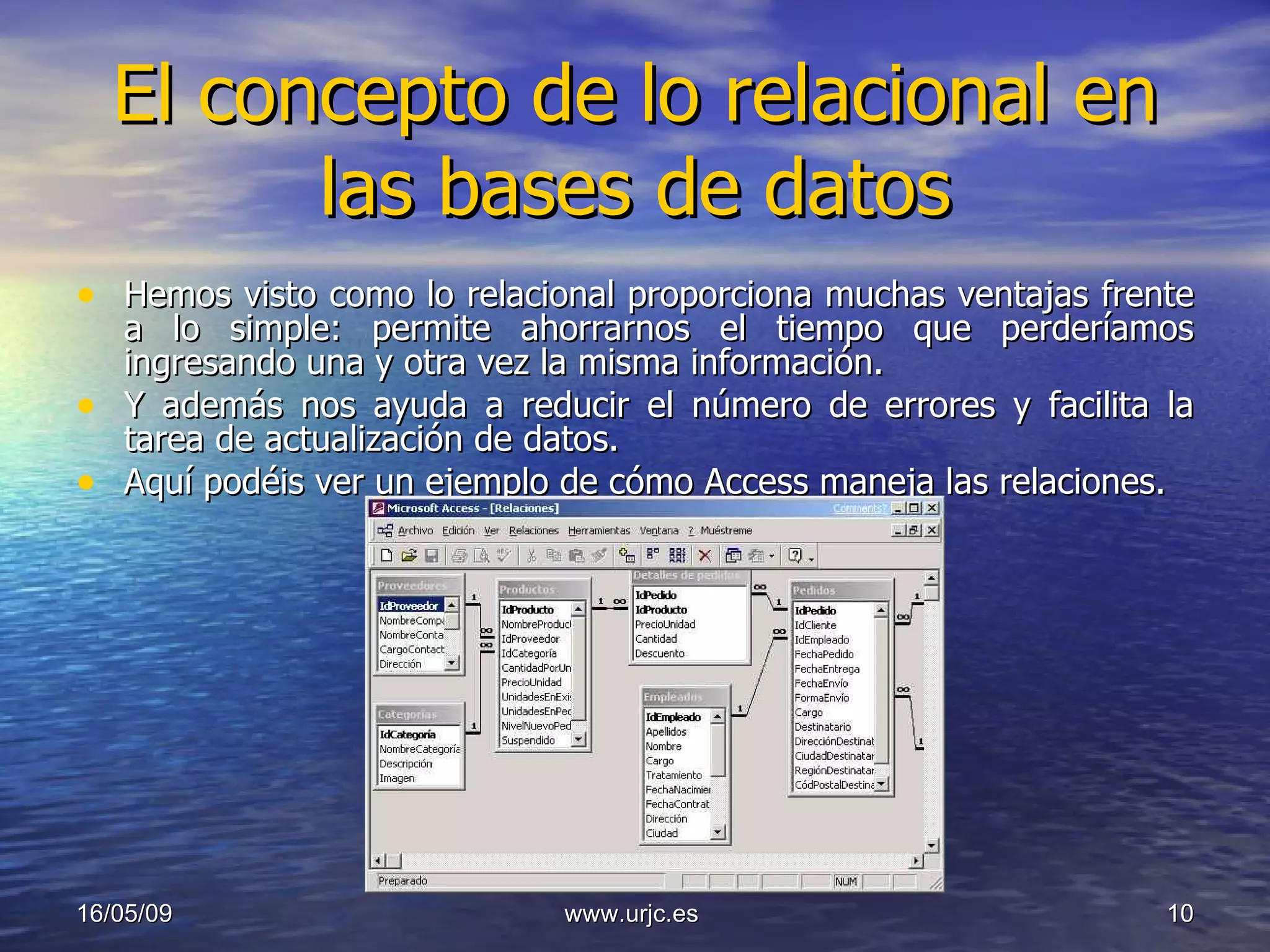 El concepto de lo relacional en las bases de datos Hemos visto como lo relacional proporciona muchas ventajas frente a lo simple: permite ahorrarnos el tiempo que perderíamos ingresando una y otra vez la misma información. Y además nos ayuda a reducir el número de errores y facilita la tarea de actualización de datos. Aquí podéis ver un ejemplo de cómo Access maneja las relaciones. 10/06/09 www.urjc.es  
