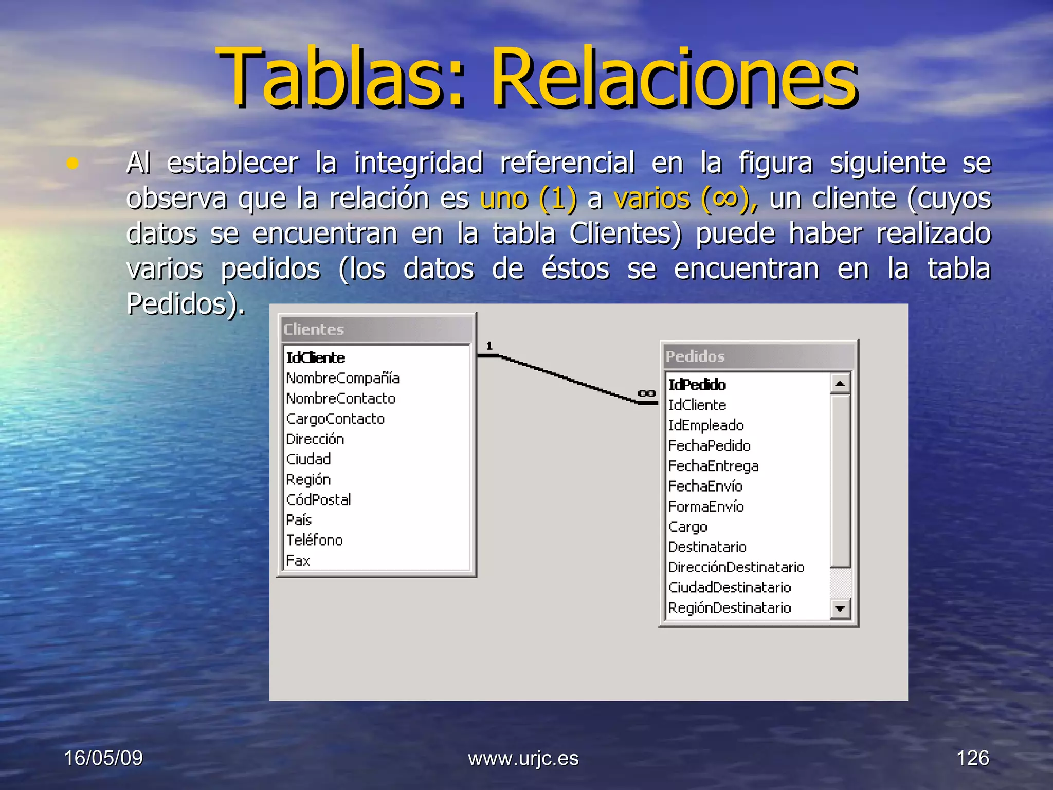 Tablas:   Relaciones Al establecer la integridad referencial en la figura siguiente se observa que la relación es  uno (1)  a  varios ( ∞ ),  un cliente (cuyos datos se encuentran en la tabla Clientes) puede haber realizado varios pedidos (los datos de éstos se encuentran en la tabla Pedidos). 10/06/09 www.urjc.es  