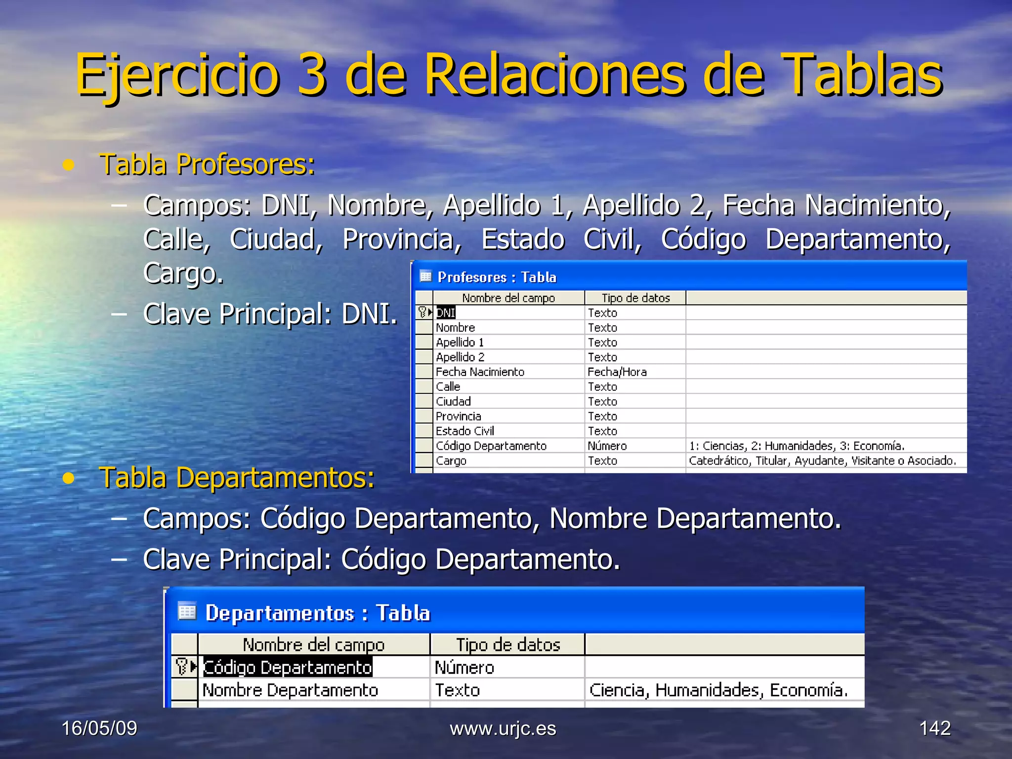 Ejercicio 3 de Relaciones de Tablas Tabla Profesores: Campos: DNI, Nombre, Apellido 1, Apellido 2, Fecha Nacimiento, Calle, Ciudad, Provincia, Estado Civil, Código Departamento, Cargo. Clave Principal: DNI. Tabla Departamentos: Campos: Código Departamento, Nombre Departamento. Clave Principal: Código Departamento. 10/06/09 www.urjc.es  