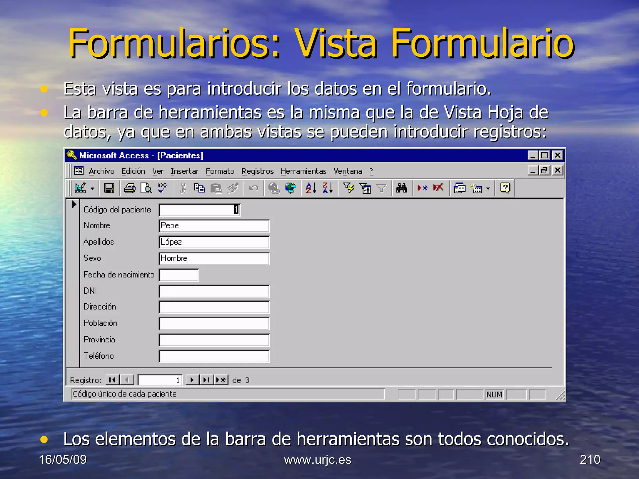 Formularios: Vista Formulario Esta vista es para introducir los datos en el formulario.  La barra de herramientas es la misma que la de Vista Hoja de datos, ya que en ambas vistas se pueden introducir registros:  Los elementos de la barra de herramientas son todos conocidos.  10/06/09 www.urjc.es  