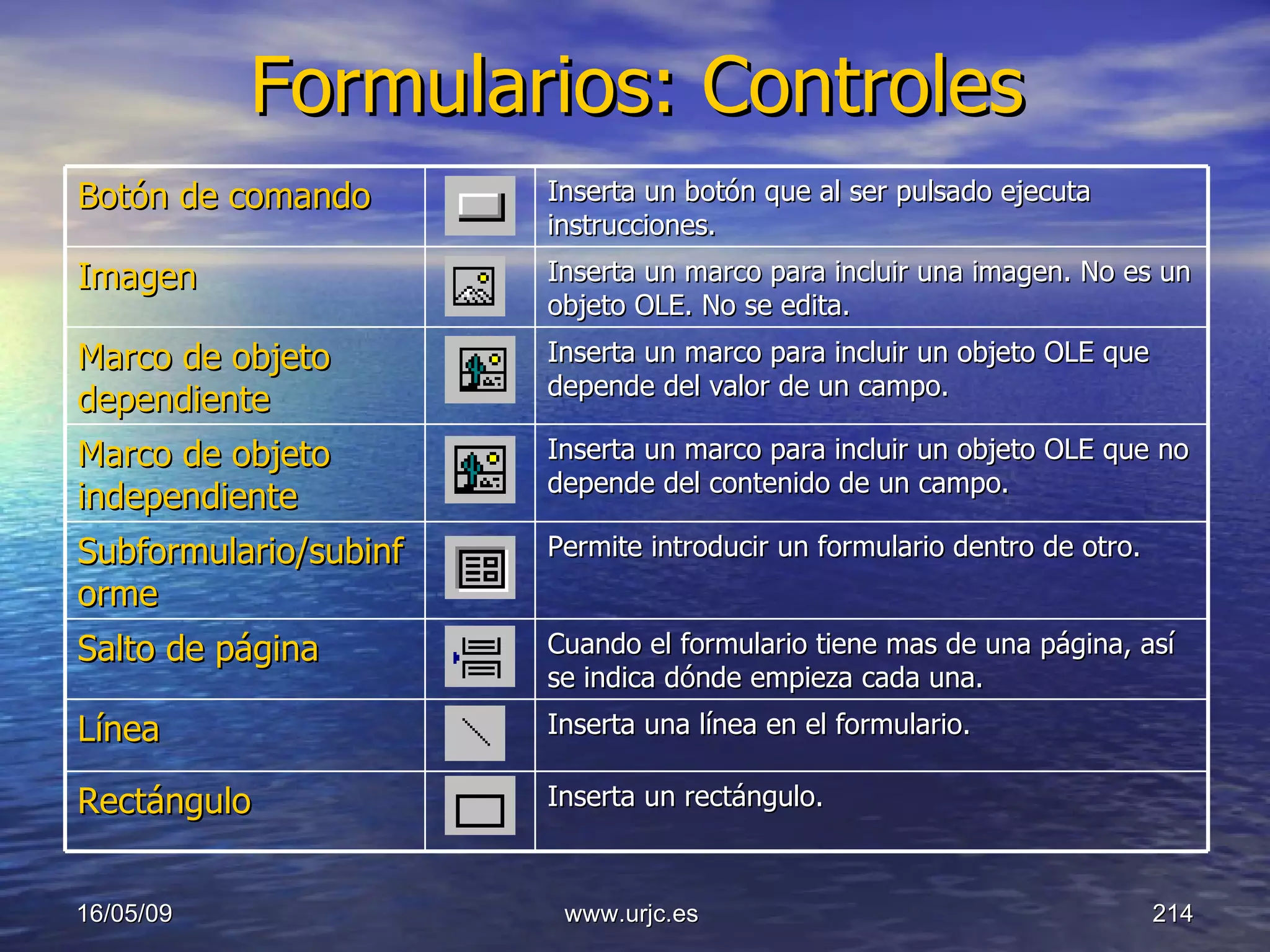 Formularios: Controles 10/06/09 www.urjc.es  Botón de comando  Inserta un botón que al ser pulsado ejecuta instrucciones.  Imagen  Inserta un marco para incluir una imagen. No es un objeto OLE. No se edita.  Marco de objeto dependiente  Inserta un marco para incluir un objeto OLE que depende del valor de un campo.  Marco de objeto independiente  Inserta un marco para incluir un objeto OLE que no depende del contenido de un campo.  Subformulario/subinforme  Permite introducir un formulario dentro de otro.  Salto de página  Cuando el formulario tiene mas de una página, así se indica dónde empieza cada una.  Línea  Inserta una línea en el formulario.  Rectángulo  Inserta un rectángulo.  