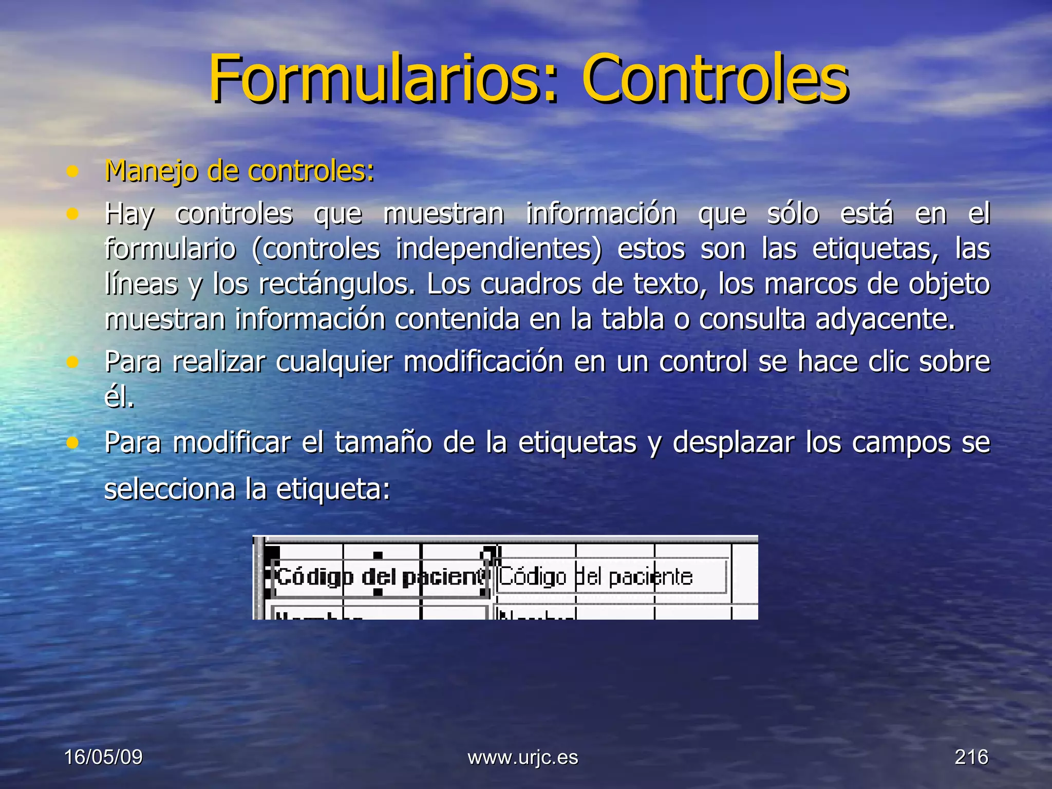 Formularios: Controles Manejo de controles: Hay controles que muestran información que sólo está en el formulario (controles independientes) estos son las etiquetas, las líneas y los rectángulos. Los cuadros de texto, los marcos de objeto muestran información contenida en la tabla o consulta adyacente.  Para realizar cualquier modificación en un control se hace clic sobre él.  Para modificar el tamaño de la etiquetas y desplazar los campos se selecciona la etiqueta:   10/06/09 www.urjc.es  