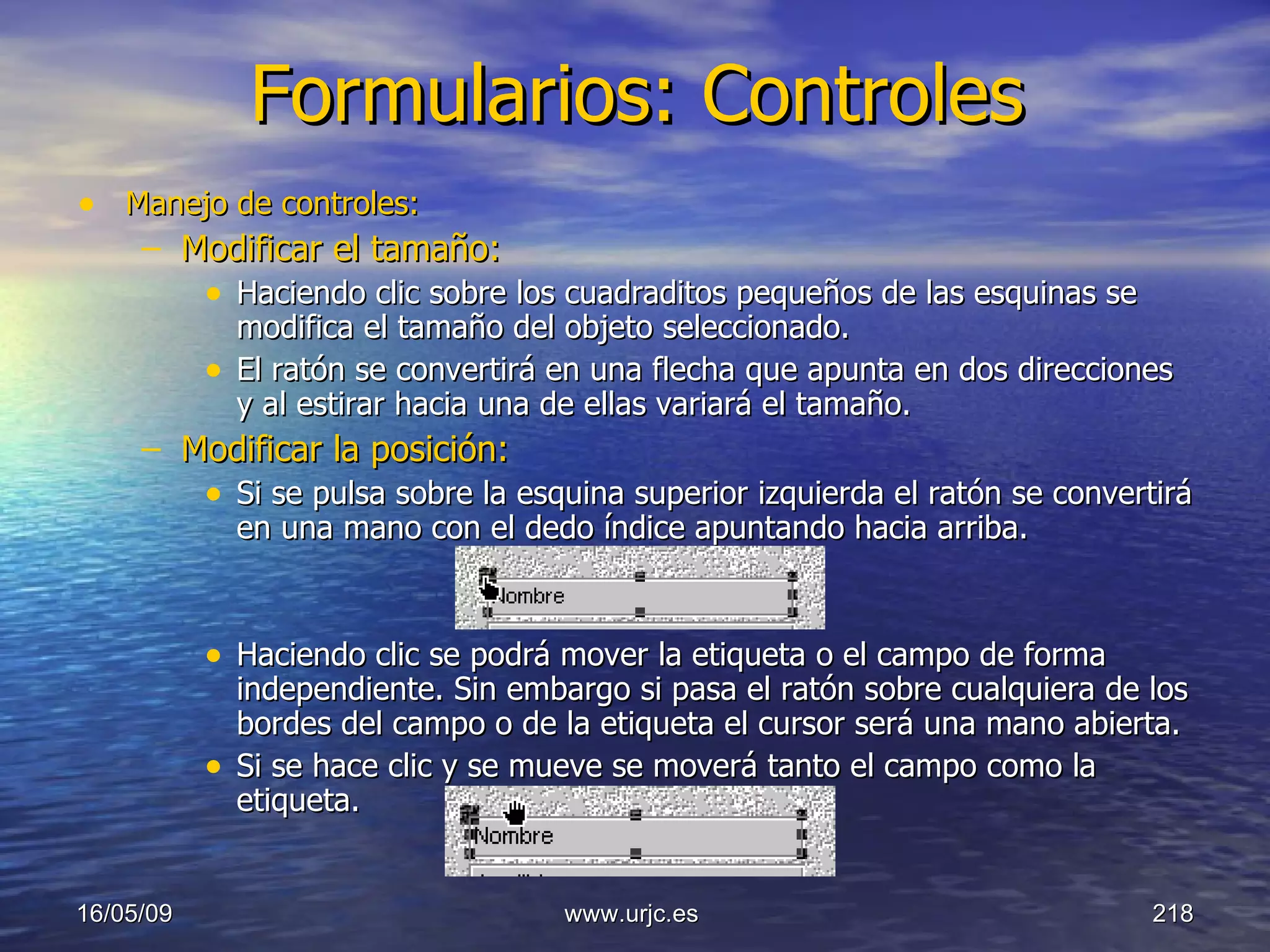 Formularios: Controles Manejo de controles: Modificar el tamaño:   Haciendo clic sobre los cuadraditos pequeños de las esquinas se modifica el tamaño del objeto seleccionado.  El ratón se convertirá en una flecha que apunta en dos direcciones y al estirar hacia una de ellas variará el tamaño.  Modificar la posición:   Si se pulsa sobre la esquina superior izquierda el ratón se convertirá en una mano con el dedo índice apuntando hacia arriba.  Haciendo clic se podrá mover la etiqueta o el campo de forma independiente. Sin embargo si pasa el ratón sobre cualquiera de los bordes del campo o de la etiqueta el cursor será una mano abierta.  Si se hace clic y se mueve se moverá tanto el campo como la etiqueta.  10/06/09 www.urjc.es  