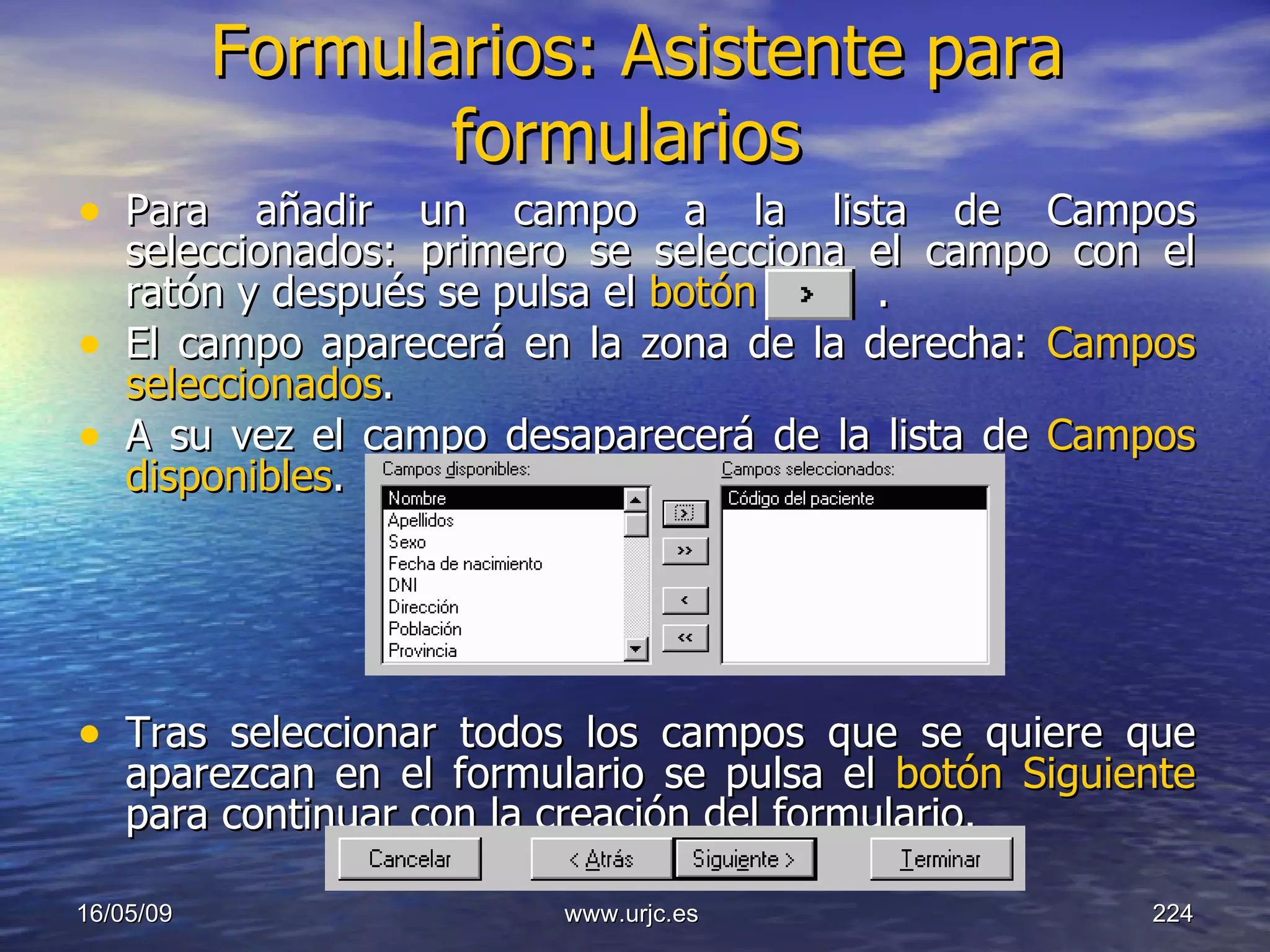 Formularios: Asistente para formularios   Para añadir un campo a la lista de Campos seleccionados: primero se selecciona el campo con el ratón y después se pulsa el  botón    .  El campo aparecerá en la zona de la derecha:  Campos seleccionados .  A su vez el campo desaparecerá de la lista de  Campos disponibles . Tras seleccionar todos los campos que se quiere que aparezcan en el formulario se pulsa el  botón Siguiente  para continuar con la creación del formulario.  10/06/09 www.urjc.es  