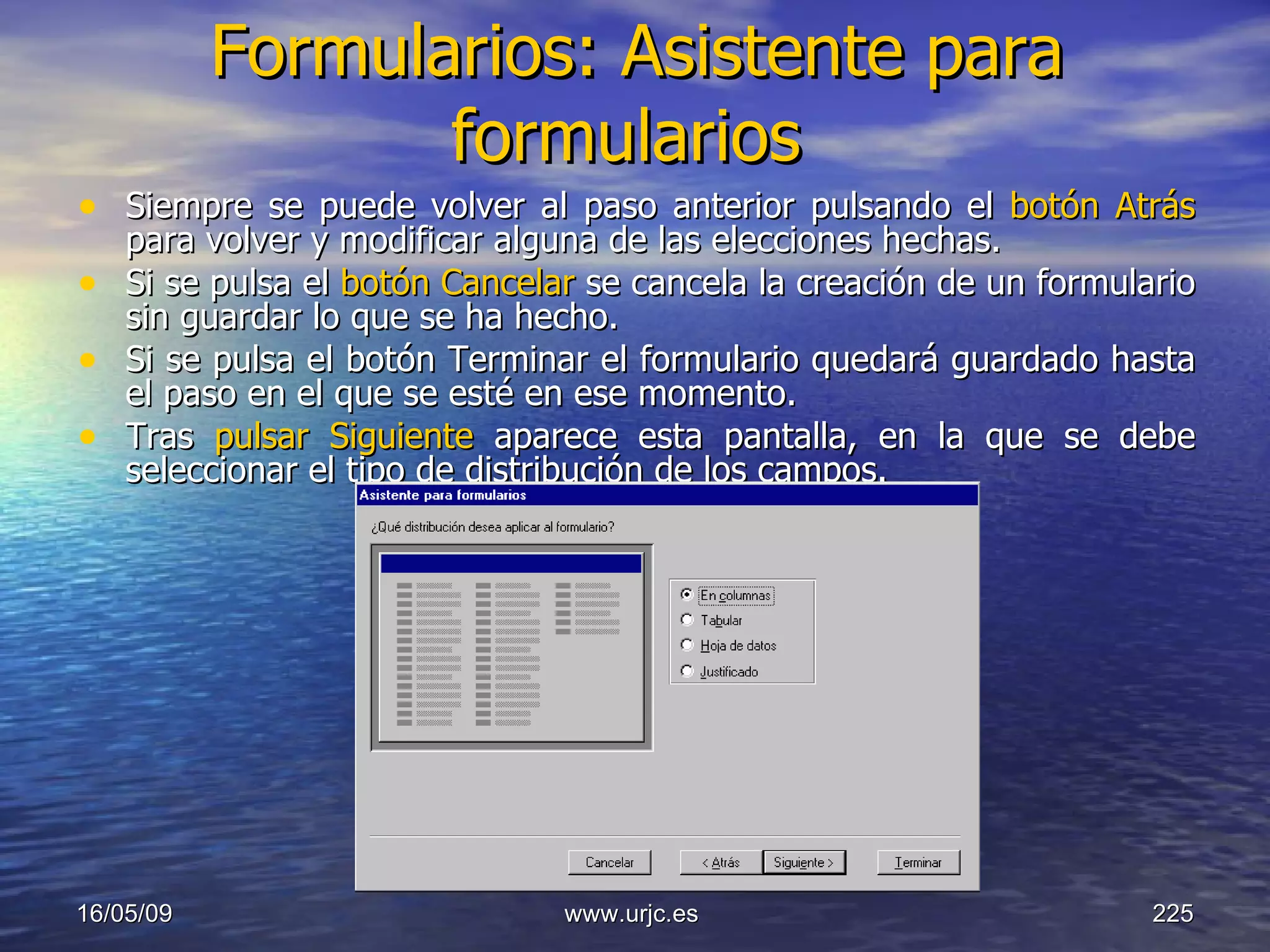 Formularios: Asistente para formularios   Siempre se puede volver al paso anterior pulsando el  botón Atrás  para volver y modificar alguna de las elecciones hechas.  Si se pulsa el  botón Cancelar  se cancela la creación de un formulario sin guardar lo que se ha hecho.  Si se pulsa el botón Terminar el formulario quedará guardado hasta el paso en el que se esté en ese momento.  Tras  pulsar Siguiente  aparece esta pantalla, en la que se debe seleccionar el tipo de distribución de los campos.  10/06/09 www.urjc.es  