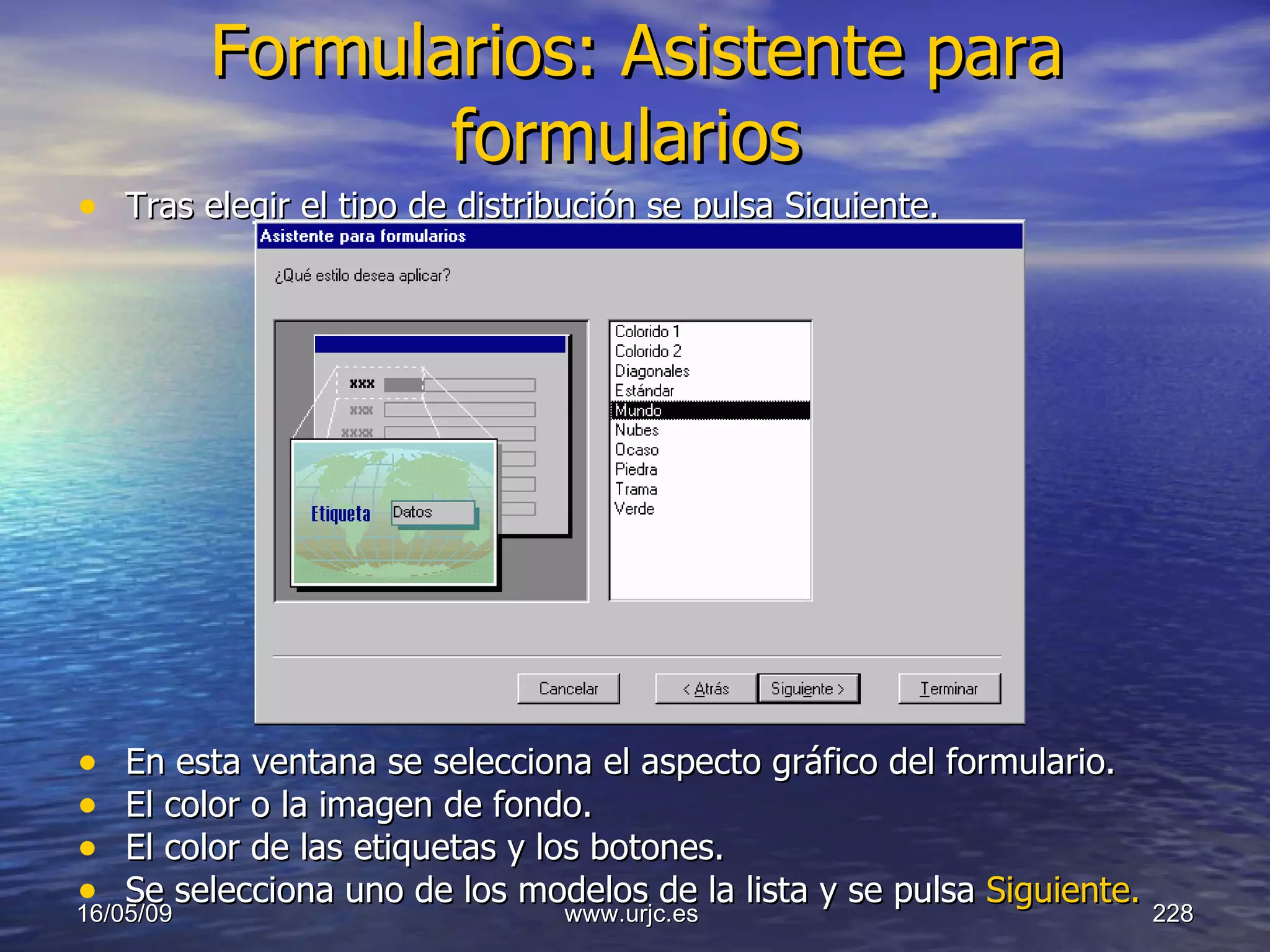 Formularios: Asistente para formularios   Tras elegir el tipo de distribución se pulsa Siguiente.  En esta ventana se selecciona el aspecto gráfico del formulario.  El color o la imagen de fondo.  El color de las etiquetas y los botones. Se selecciona uno de los modelos de la lista y se pulsa  Siguiente.   10/06/09 www.urjc.es  