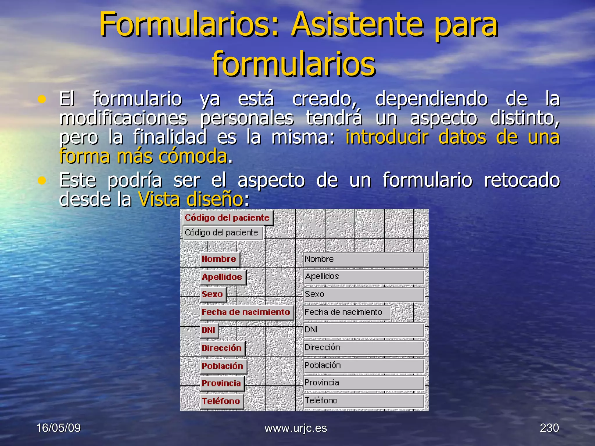 Formularios: Asistente para formularios   El formulario ya está creado, dependiendo de la modificaciones personales tendrá un aspecto distinto, pero la finalidad es la misma:  introducir datos de una forma más cómoda .  Este podría ser el aspecto de un formulario retocado desde la  Vista diseño :  10/06/09 www.urjc.es  