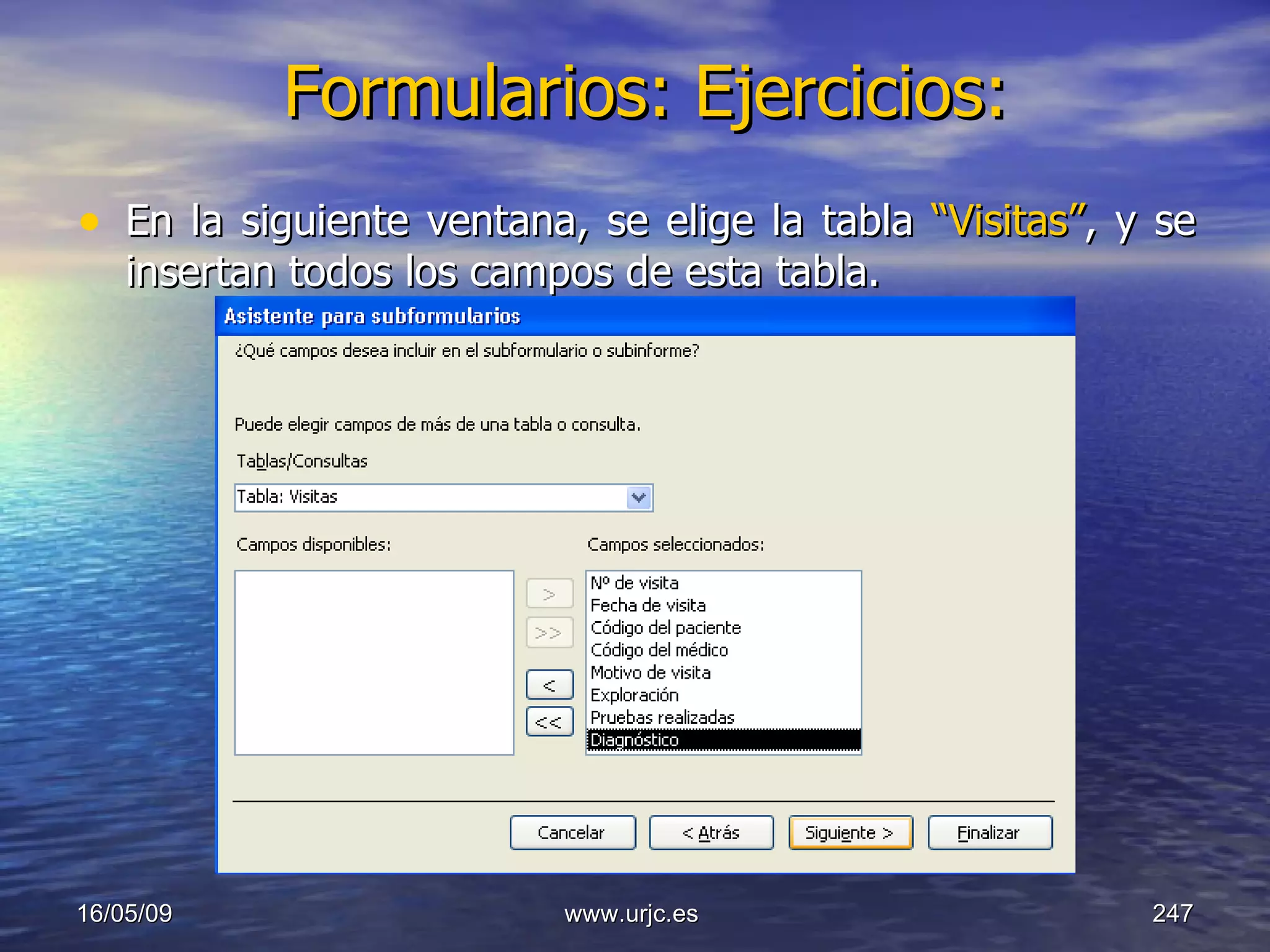 Formularios: Ejercicios:   En la siguiente ventana, se elige la tabla  “Visitas” , y se insertan todos los campos de esta tabla. 10/06/09 www.urjc.es  