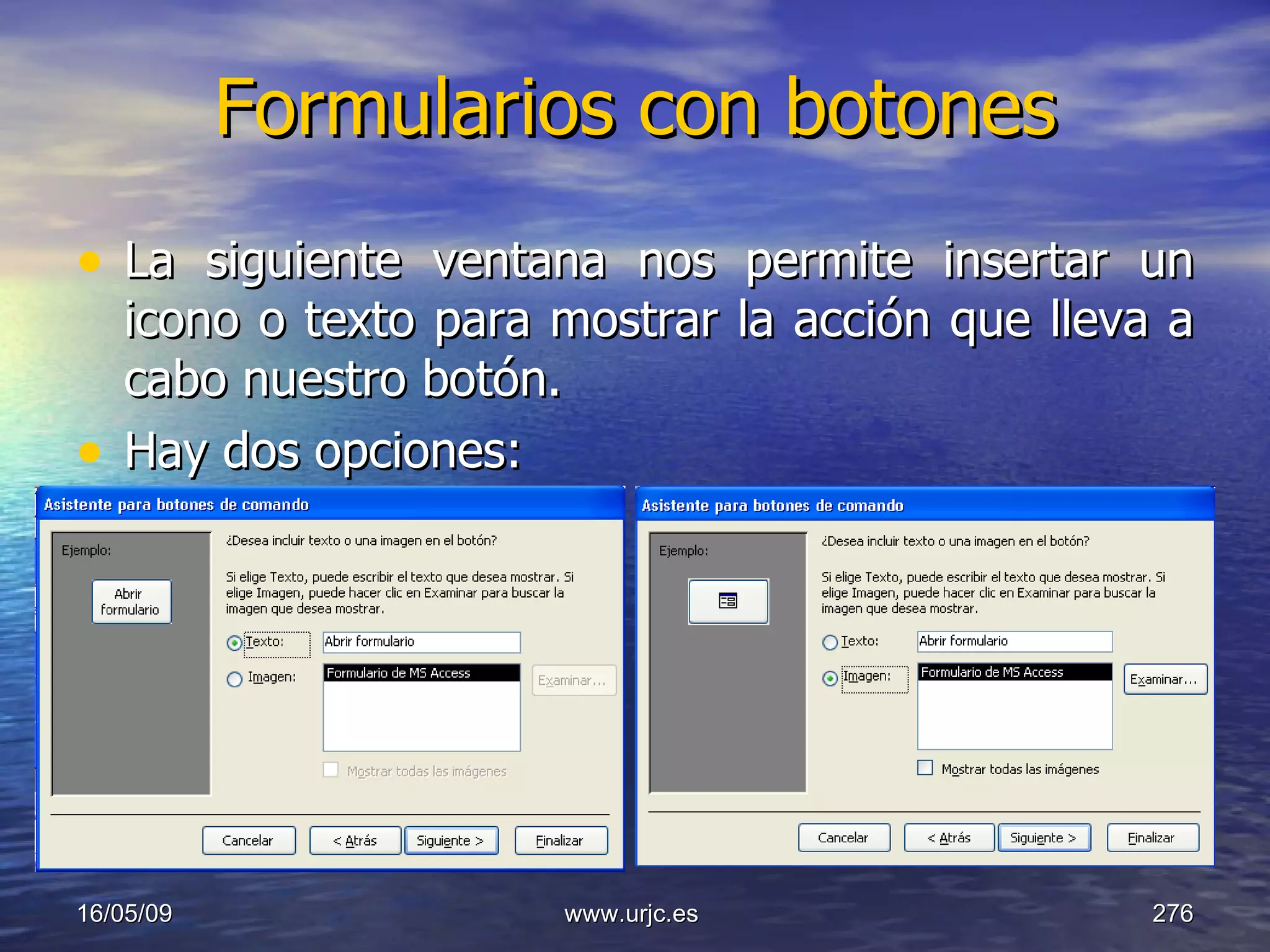 Formularios con botones La siguiente ventana nos permite insertar un icono o texto para mostrar la acción que lleva a cabo nuestro botón. Hay dos opciones: 10/06/09 www.urjc.es  