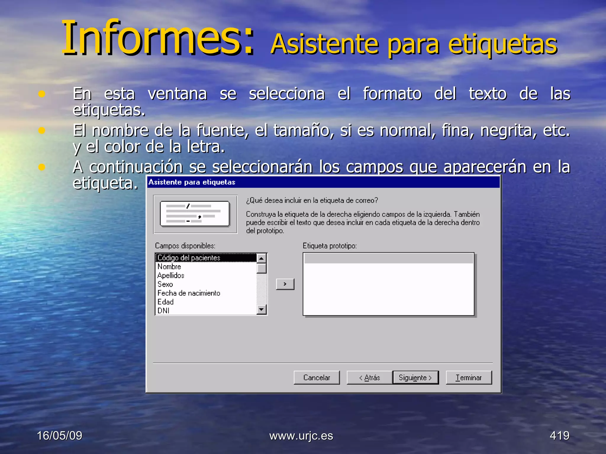 Informes:  Asistente para etiquetas En esta ventana se selecciona el formato del texto de las etiquetas.  El nombre de la fuente, el tamaño, si es normal, fina, negrita, etc. y el color de la letra.  A continuación se seleccionarán los campos que aparecerán en la etiqueta.  10/06/09 www.urjc.es  