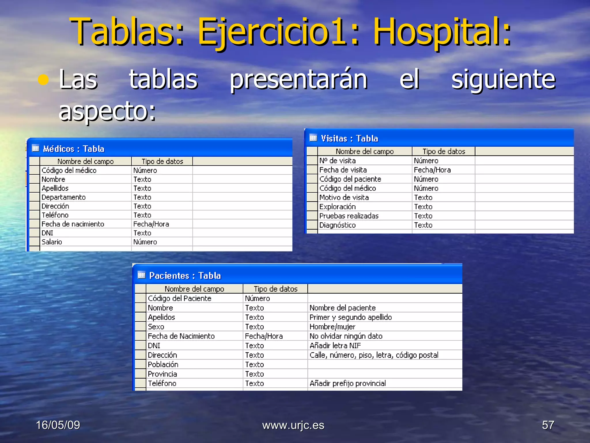 Tablas: Ejercicio1: Hospital: Las tablas presentarán el siguiente aspecto: 10/06/09 www.urjc.es  
