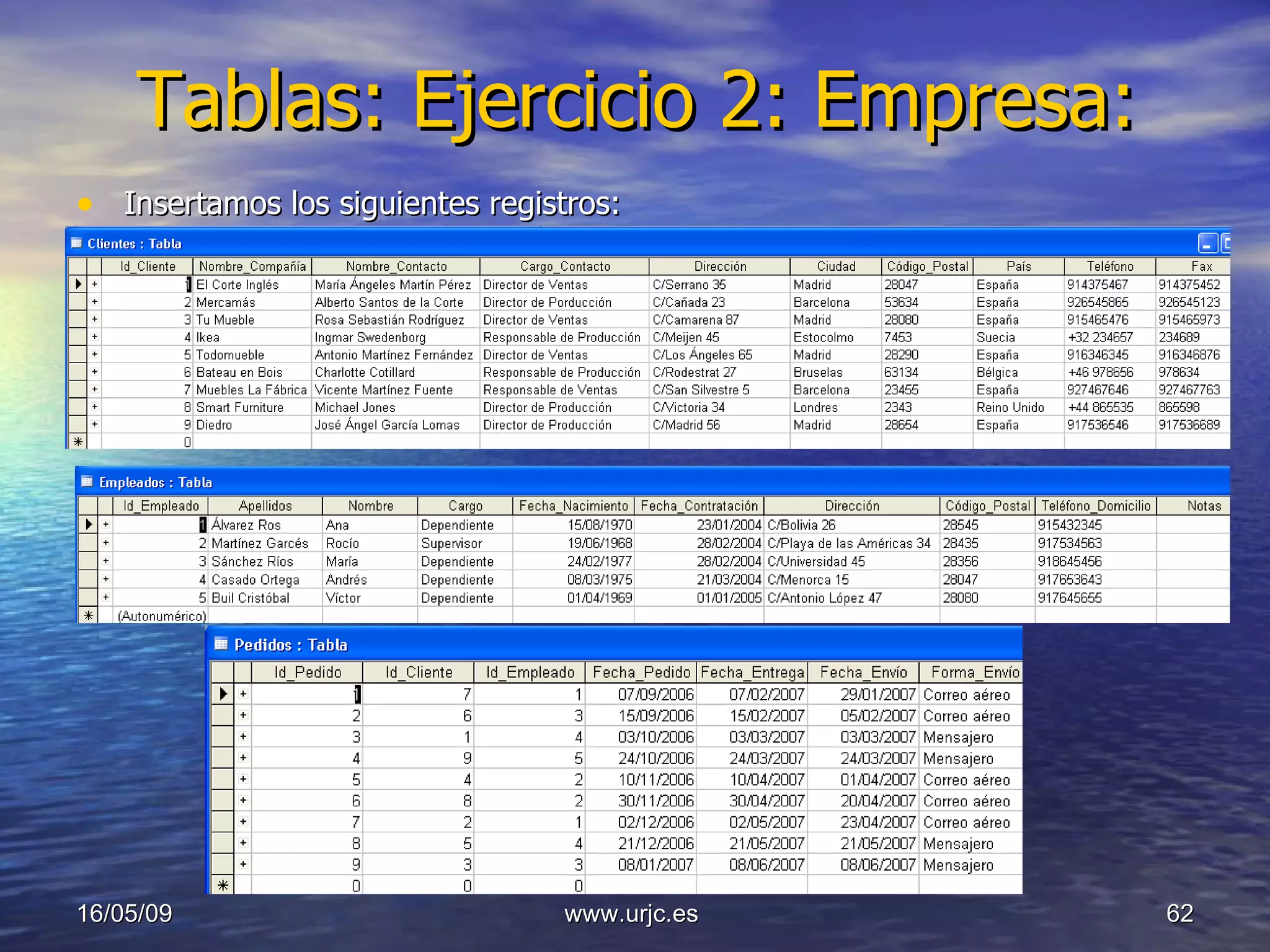 Tablas: Ejercicio 2: Empresa: Insertamos los siguientes registros: 10/06/09 www.urjc.es  