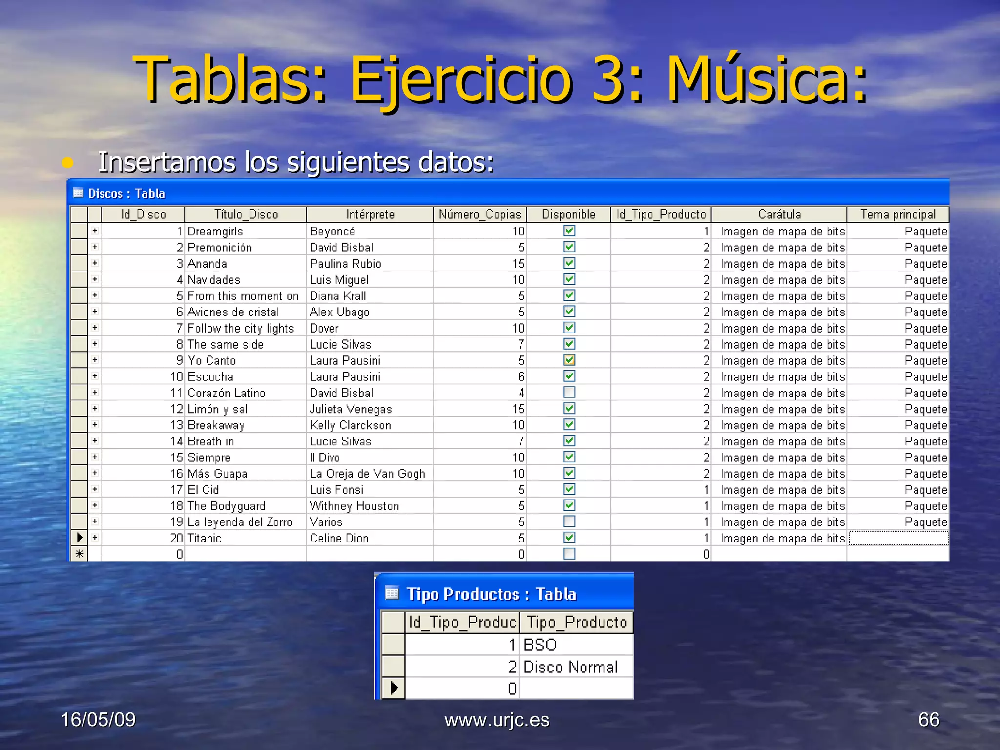 Tablas: Ejercicio 3: Música: Insertamos los siguientes datos: 10/06/09 www.urjc.es  