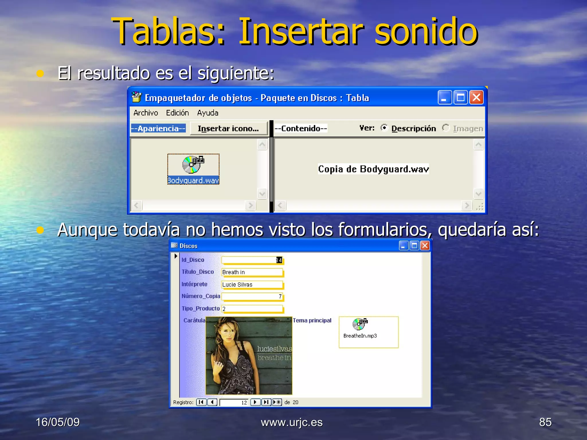 Tablas: Insertar sonido El resultado es el siguiente: Aunque todavía no hemos visto los formularios, quedaría así: 10/06/09 www.urjc.es  