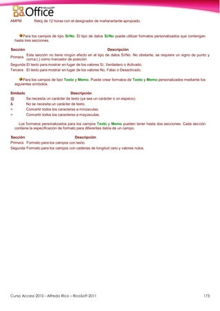 Curso Access 2010 - Alfredo Rico – RicoSoft 2011 173
AMPM Reloj de 12 horas con el designador de mañana/tarde apropiado.
Para los campos de tipo Sí/No. El tipo de datos Sí/No puede utilizar formatos personalizados que contengan
hasta tres secciones.
Sección Descripción
Primera
Esta sección no tiene ningún efecto en el tipo de datos Sí/No. No obstante, se requiere un signo de punto y
coma (;) como marcador de posición.
Segunda El texto para mostrar en lugar de los valores Sí, Verdadero o Activado.
Tercera El texto para mostrar en lugar de los valores No, Falso o Desactivado.
Para los campos de tipo Texto y Memo. Puede crear formatos de Texto y Memo personalizados mediante los
siguientes símbolos.
Símbolo Descripción
@ Se necesita un carácter de texto (ya sea un carácter o un espacio).
& No se necesita un carácter de texto.
< Convertir todos los caracteres a minúsculas.
> Convertir todos los caracteres a mayúsculas.
Los formatos personalizados para los campos Texto y Memo pueden tener hasta dos secciones. Cada sección
contiene la especificación de formato para diferentes datos de un campo.
Sección Descripción
Primera Formato para los campos con texto.
Segunda Formato para los campos con cadenas de longitud cero y valores nulos.
 