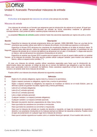 Curso Access 2010 - Alfredo Rico – RicoSoft 2011 174
Unidad 5. Avanzado: Personalizar máscaras de entrada
Objetivo
Profundizar en la asignación de máscaras de entrada a los campos de una tabla.
Máscaras de entrada
Una máscara de entrada es un formato que asignamos para la introducción de valores en el campo. Al igual que
con el formato se pueden generar máscaras de entrada de forma automática mediante el generador
correspondiente o bien podemos definir nuestras propias máscaras de entrada.
La propiedad Máscara de entrada puede contener hasta tres secciones separadas por signos de punto y coma
(;).
Sección Descripción
Primera
Especifica la máscara de entrada propiamente dicha, por ejemplo, !(999) 999-9999. Para ver una lista de los
caracteres que puedes utilizar para definir la máscara de entrada, mira la tabla que aparece a continuación.
Segunda
Especifica si Access 2010 almacena los caracteres de visualización literales en la tabla al introducir datos. Si
utilizas 0 para esta sección, todos los caracteres de visualización literales (por ejemplo, el paréntesis de una
máscara de entrada de un número de teléfono) se almacenan con el valor; si introduces 1 o dejas esta sección
en blanco, sólo se almacenan los caracteres introducidos en el control.
Tercera
Especifica el carácter que Access 2010 muestra para el espacio en el que el usuario debe escribir un carácter
en la máscara de entrada. Para esta sección puedes utilizar cualquier carácter; para mostrar una cadena en
blanco, utiliza un espacio entre comillas (" ").
Al crear una máscara de entrada, puedes utilizar caracteres especiales para hacer que la introducción de
determinados datos (por ejemplo, el código de área de un número de teléfono) sea obligatoria y que los demás
datos sean opcionales (como la extensión de teléfono). Estos caracteres especifican el tipo de datos, como el
número o el carácter ácter de la máscara de entrada.
Puedes definir una máscara de entrada utilizando los siguientes caracteres:
Carácter Definición
0 Dígito (0 a 9, entrada obligatoria, signos más [+] y menos [-] no permitidos).
9 Dígito o espacio (entrada no obligatoria, signos más y menos no permitidos).
#
Dígito o espacio (entrada no obligatoria; los espacios se muestran en blanco en el modo Edición, pero se
eliminan cuando se guardan los datos; signos más y menos permitidos).
L Letra (A a Z, entrada obligatoria).
? Letra (A a Z, entrada opcional).
A Letra (A a Z, entrada opcional).
a Letra o dígito (entrada opcional).
& Cualquier carácter o un espacio (entrada obligatoria).
C Cualquier carácter o un espacio (entrada opcional).
. , : ; - / Marcador de posición decimal y separadores de miles, hora y fecha.
< Hace que todos los caracteres se conviertan a minúsculas.
> Hace que todos los caracteres se conviertan a mayúsculas.
!
Hace que la máscara de entrada se muestre de derecha a izquierda, en lugar de mostrarse de izquierda a
derecha. Los caracteres introducidos en la máscara siempre se rellenan de izquierda a derecha. Puedes incluir
el signo de exclamación en cualquier lugar de la máscara de entrada.
 Hace que el carácter siguiente se muestre como un carácter literal (por ejemplo, A se muestra sólo como A).
 