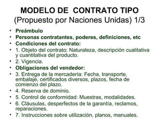 MODELO DE  CONTRATO TIPO (Propuesto por Naciones Unidas) 1/3 <ul><li>Preámbulo  </li></ul><ul><li>Personas contratantes, p...