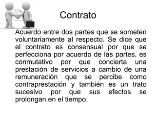 Contrato <ul><li>Acuerdo entre dos partes que se someten voluntariamente al respecto. Se dice que el contrato es consensua...