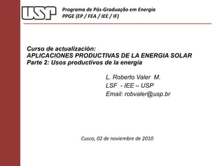 Curso de actualización: APLICACIONES PRODUCTIVAS DE LA ENERGIA SOLAR  Parte 2:  Usos productivos de la energía  L. Roberto Valer  M. LSF  - IEE – USP Email: robvaler@usp.br Programa de Pós-Graduação em Energia PPGE (EP / FEA / IEE / IF) Cusco, 02 de noviembre de 2010 